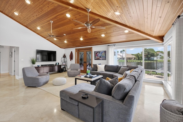 3765 Canterbury Ct, Boca Raton, FL 33434 - living room with wood ceiling, light tile patterned flooring, ceiling fan, recessed lighting, and high vaulted ceiling