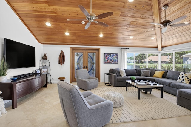3765 Canterbury Ct, Boca Raton, FL 33434 - living area with wood ceiling, ceiling fan, recessed lighting, french doors, and light tile patterned flooring
