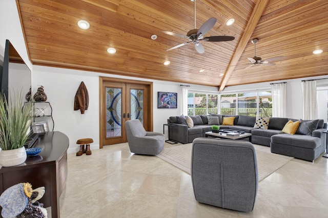 3765 Canterbury Ct, Boca Raton, FL 33434 - living area featuring wooden ceiling, french doors, a ceiling fan, recessed lighting, and vaulted ceiling
