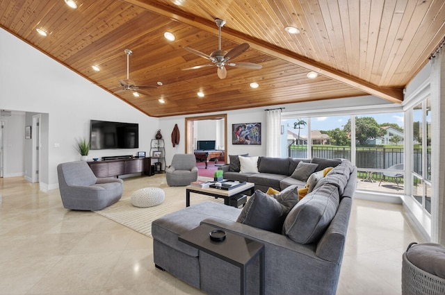 3765 Canterbury Ct, Boca Raton, FL 33434 - living room featuring wood ceiling, light tile patterned floors, recessed lighting, ceiling fan, and high vaulted ceiling