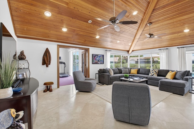 3765 Canterbury Ct, Boca Raton, FL 33434 - living area with wood ceiling, plenty of natural light, recessed lighting, ceiling fan, and vaulted ceiling