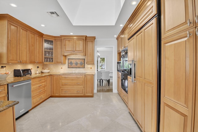 3765 Canterbury Ct, Boca Raton, FL 33434 - kitchen with black appliances, light stone countertops, decorative backsplash, crown molding, and recessed lighting