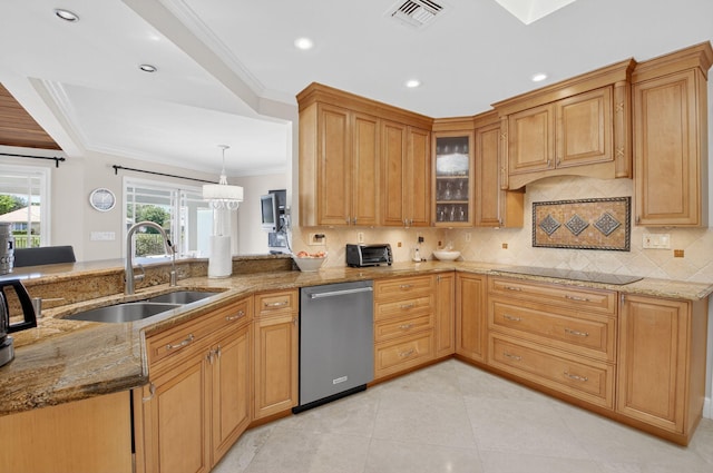 3765 Canterbury Ct, Boca Raton, FL 33434 - kitchen featuring stainless steel dishwasher, light stone countertops, crown molding, decorative backsplash, and glass insert cabinets