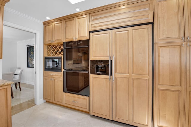 3765 Canterbury Ct, Boca Raton, FL 33434 - kitchen featuring black appliances, light brown cabinets, crown molding, recessed lighting, and decorative backsplash