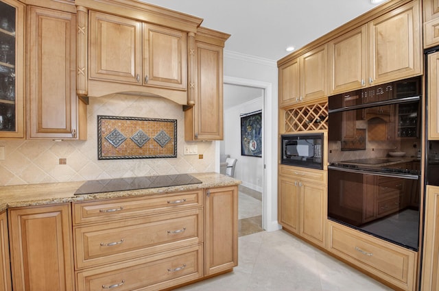 3765 Canterbury Ct, Boca Raton, FL 33434 - kitchen featuring black appliances, ornamental molding, tasteful backsplash, light stone counters, and glass insert cabinets