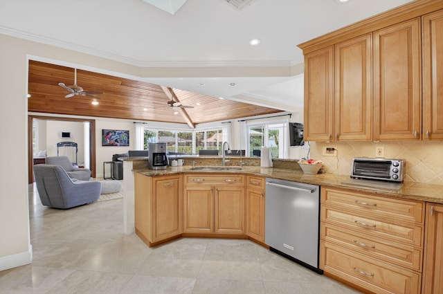 3765 Canterbury Ct, Boca Raton, FL 33434 - kitchen with dishwasher, open floor plan, a peninsula, wooden ceiling, and light stone counters