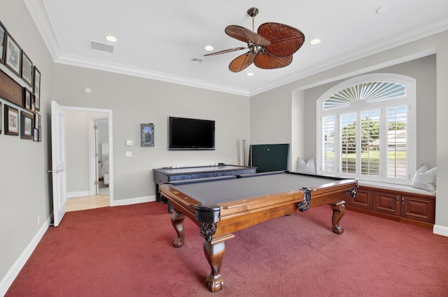 3765 Canterbury Ct, Boca Raton, FL 33434 - game room with carpet, ornamental molding, a ceiling fan, billiards, and recessed lighting
