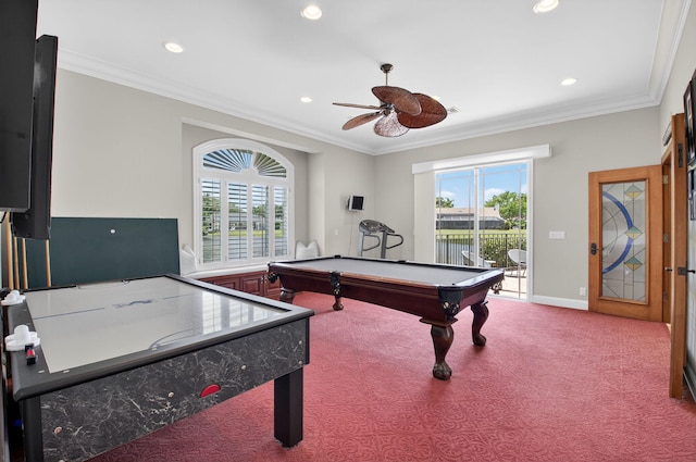 3765 Canterbury Ct, Boca Raton, FL 33434 - rec room with plenty of natural light, recessed lighting, pool table, ornamental molding, and ceiling fan