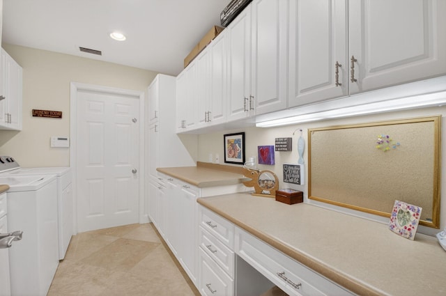 3765 Canterbury Ct, Boca Raton, FL 33434 - laundry room with cabinet space, washing machine and clothes dryer, recessed lighting, and light tile patterned flooring