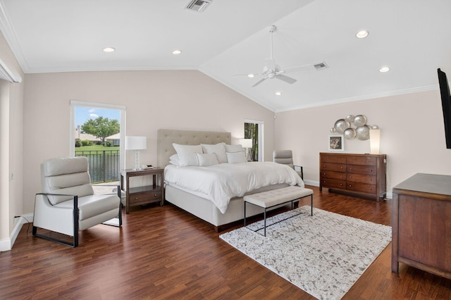 3765 Canterbury Ct, Boca Raton, FL 33434 - bedroom with multiple windows, vaulted ceiling, ornamental molding, dark wood finished floors, and a ceiling fan