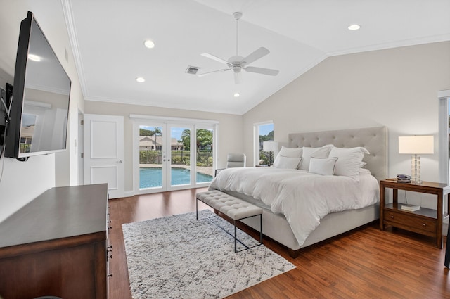 3765 Canterbury Ct, Boca Raton, FL 33434 - bedroom featuring access to outside, lofted ceiling, french doors, wood finished floors, and crown molding