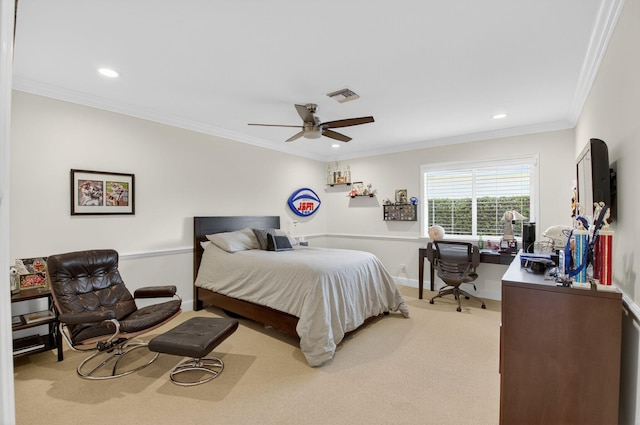 3765 Canterbury Ct, Boca Raton, FL 33434 - bedroom featuring carpet, an office area, recessed lighting, ornamental molding, and a ceiling fan