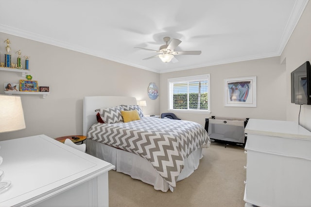 3765 Canterbury Ct, Boca Raton, FL 33434 - bedroom featuring crown molding, light colored carpet, and ceiling fan