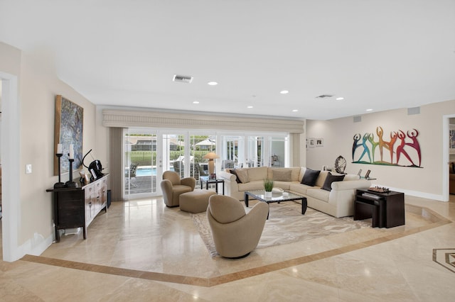 3765 Canterbury Ct, Boca Raton, FL 33434 - living area featuring inlaid floor details, marble tiled floors, french doors, and recessed lighting