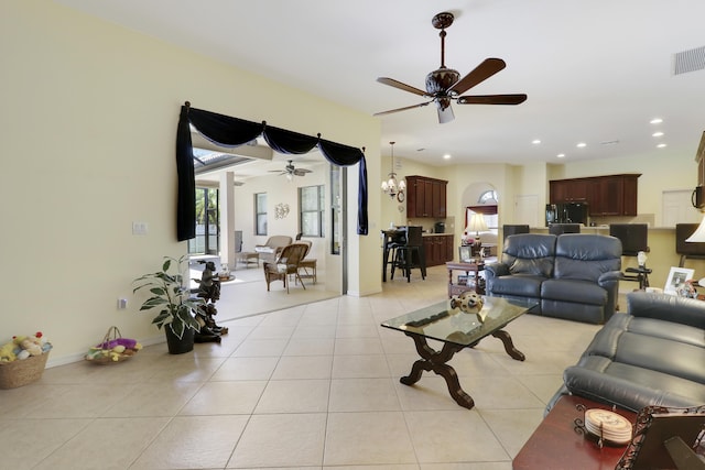 3429 SW Catskill Dr, Port Saint Lucie, FL 34953 - living room featuring ceiling fan, light tile patterned flooring, and recessed lighting