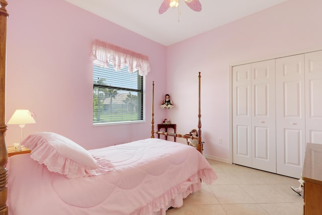 3429 SW Catskill Dr, Port Saint Lucie, FL 34953 - bedroom featuring light tile patterned floors, a closet, and a ceiling fan