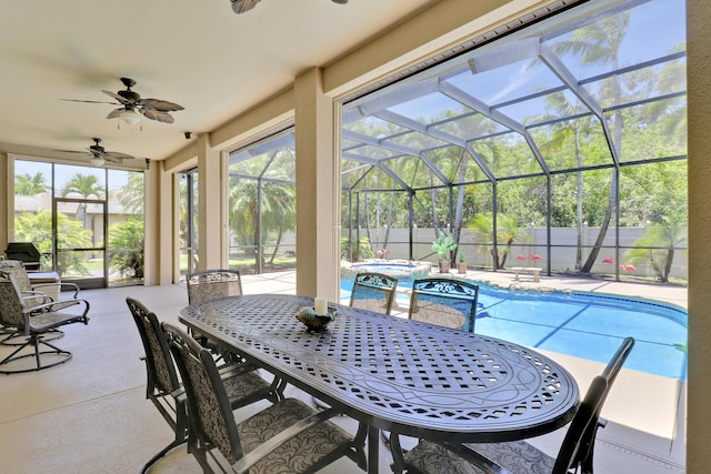 3429 SW Catskill Dr, Port Saint Lucie, FL 34953 - view of patio with ceiling fan, outdoor dining space, a pool with connected hot tub, and glass enclosure