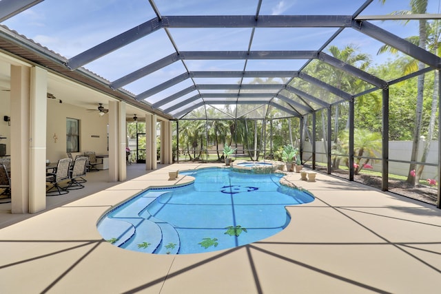 3429 SW Catskill Dr, Port Saint Lucie, FL 34953 - view of pool with a patio, a ceiling fan, a pool with connected hot tub, and a lanai
