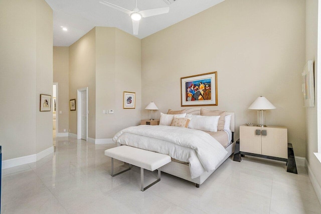 391 Isle Ct, Palm Beach Gardens, FL 33418 - bedroom with a towering ceiling, light tile patterned flooring, and a ceiling fan