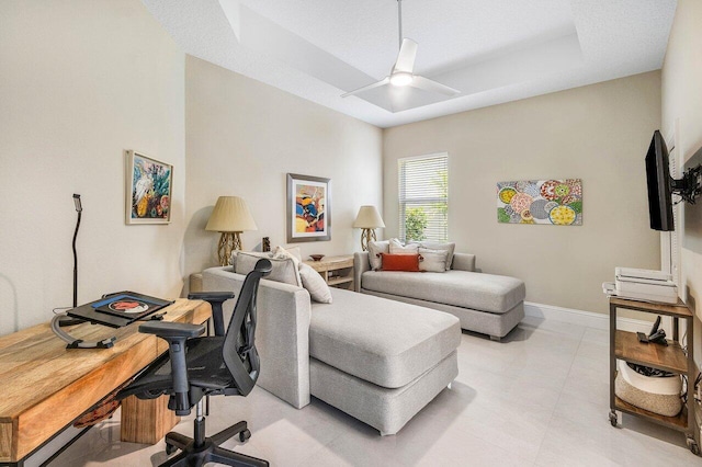 391 Isle Ct, Palm Beach Gardens, FL 33418 - home office featuring a ceiling fan and a raised ceiling
