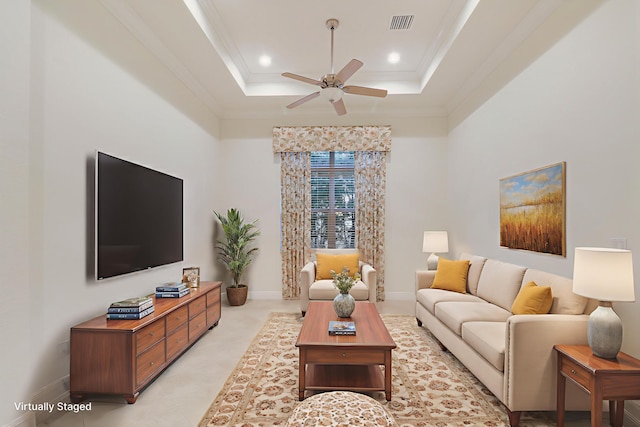 10479 SW Visconti Way, Port Saint Lucie, FL 34986 - living room with ceiling fan, crown molding, recessed lighting, and a raised ceiling