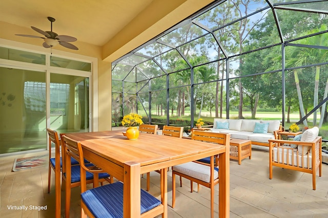 10479 SW Visconti Way, Port Saint Lucie, FL 34986 - view of patio / terrace with outdoor lounge area, view of scattered trees, a lanai, and ceiling fan