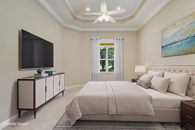10479 SW Visconti Way, Port Saint Lucie, FL 34986 - bedroom featuring light colored carpet, a raised ceiling, ornamental molding, and ceiling fan