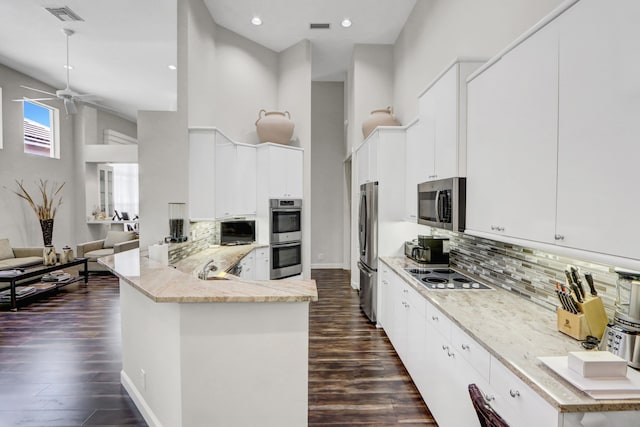 3346 NW 53rd Cir, Boca Raton, FL 33496 - kitchen featuring stainless steel appliances, a high ceiling, a peninsula, dark wood finished floors, and light stone counters