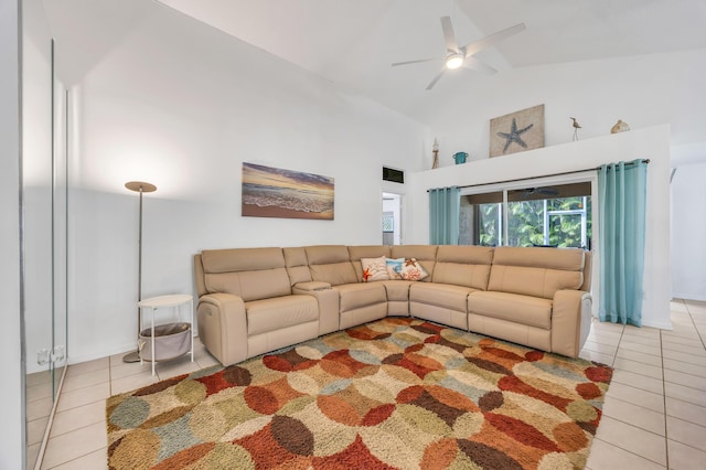 4386 SE Scotland Cay Way, Stuart, FL 34997 - tiled living room with ceiling fan and high vaulted ceiling
