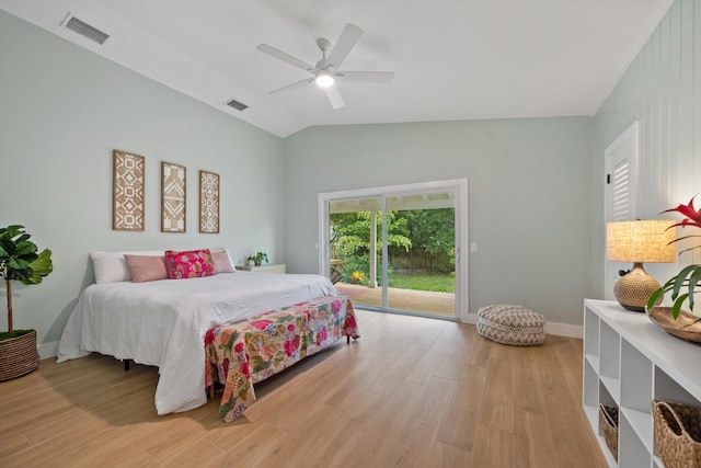 1567 NE Sottong Ave, Jensen Beach, FL 34957 - bedroom with access to exterior, vaulted ceiling, light wood finished floors, ceiling fan, and baseboards