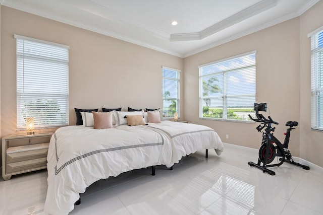 8650 SW Felicita Way, Port Saint Lucie, FL 34987 - bedroom with crown molding, multiple windows, light tile patterned floors, a tray ceiling, and recessed lighting