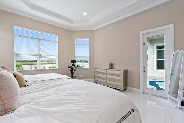 8650 SW Felicita Way, Port Saint Lucie, FL 34987 - tiled bedroom with ornamental molding, access to exterior, a raised ceiling, and recessed lighting