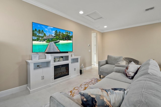 8650 SW Felicita Way, Port Saint Lucie, FL 34987 - living room featuring attic access, light tile patterned flooring, crown molding, recessed lighting, and a glass covered fireplace