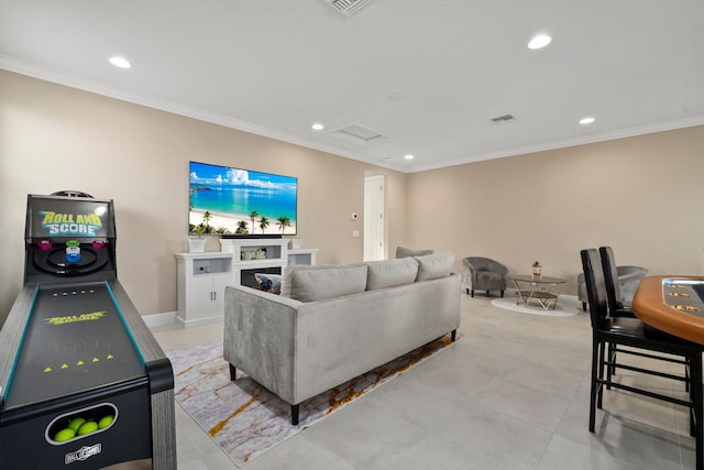 8650 SW Felicita Way, Port Saint Lucie, FL 34987 - living area featuring recessed lighting, ornamental molding, light tile patterned flooring, attic access, and a fireplace