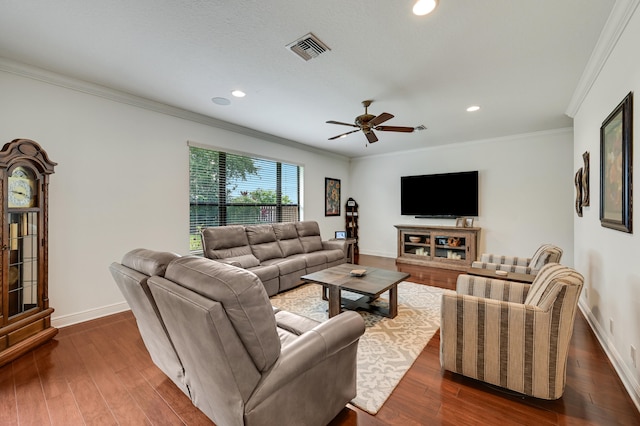 5857 NW Leghorn Ave, Port Saint Lucie, FL 34986 - living area with dark wood-style flooring, a ceiling fan, ornamental molding, and recessed lighting