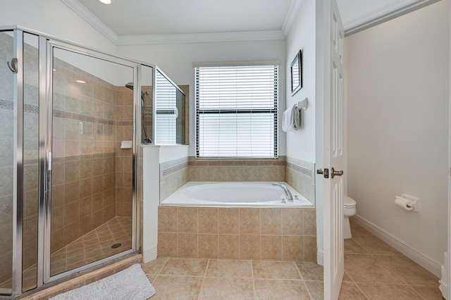 5857 NW Leghorn Ave, Port Saint Lucie, FL 34986 - bathroom featuring a garden tub, tile patterned floors, a stall shower, and crown molding