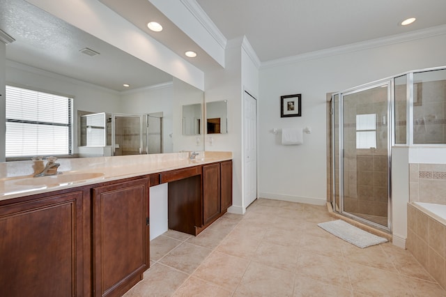 5857 NW Leghorn Ave, Port Saint Lucie, FL 34986 - full bathroom featuring crown molding, double vanity, a stall shower, a bath, and tile patterned floors