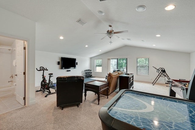 5857 NW Leghorn Ave, Port Saint Lucie, FL 34986 - game room with light colored carpet, lofted ceiling, a ceiling fan, and recessed lighting