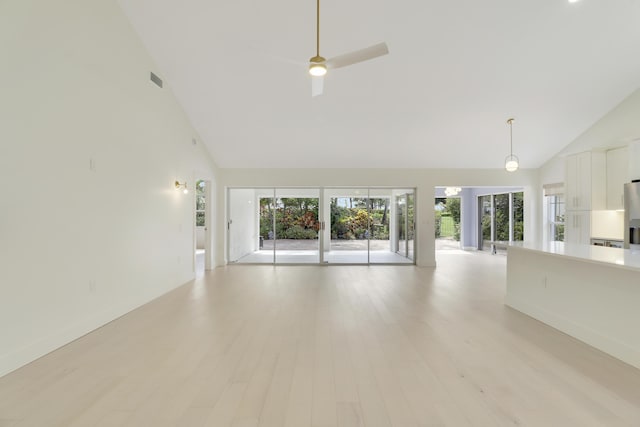 1365 Wilderness Rd, West Palm Beach, FL 33409 - unfurnished living room with high vaulted ceiling, light wood finished floors, and a ceiling fan