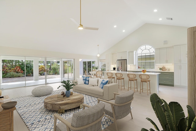1365 Wilderness Rd, West Palm Beach, FL 33409 - living room featuring high vaulted ceiling, a ceiling fan, and recessed lighting