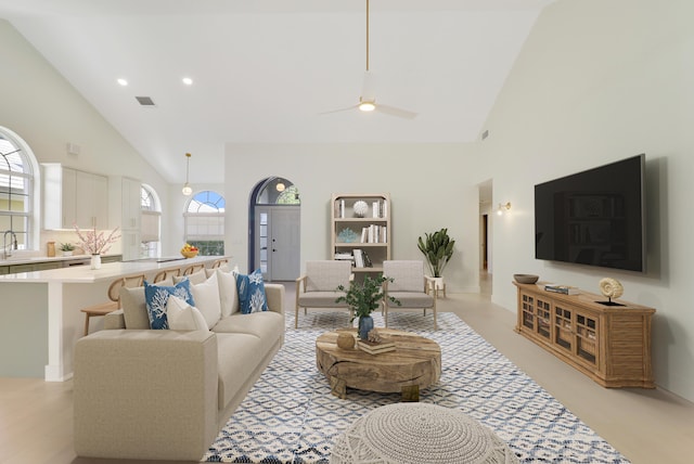 1365 Wilderness Rd, West Palm Beach, FL 33409 - living area with high vaulted ceiling and recessed lighting