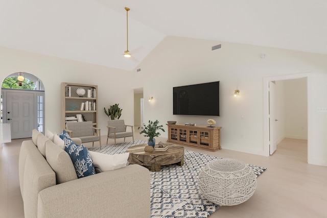 1365 Wilderness Rd, West Palm Beach, FL 33409 - living area with a ceiling fan, high vaulted ceiling, and wood finished floors