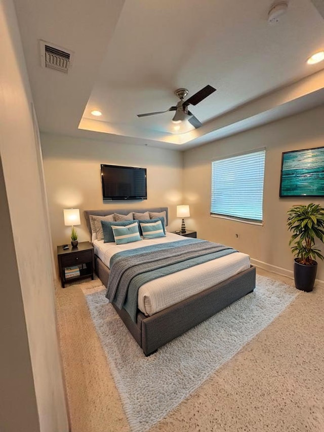 1377 Via De Pepi, Boynton Beach, FL 33426 - bedroom featuring a tray ceiling, recessed lighting, a ceiling fan, and baseboards
