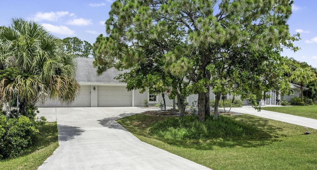 3283 SE W Snow Rd, Port Saint Lucie, FL 34984 - view of property hidden behind natural elements featuring concrete driveway, a front yard, a garage, and roof with shingles