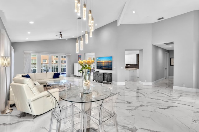20677 NW 26th Ct, Boca Raton, FL 33434 - living area with light marble finish flooring, a ceiling fan, baseboards, recessed lighting, and high vaulted ceiling