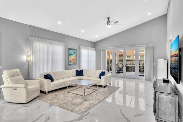 20677 NW 26th Ct, Boca Raton, FL 33434 - living area with french doors, ceiling fan, marble tiled floors, recessed lighting, and high vaulted ceiling