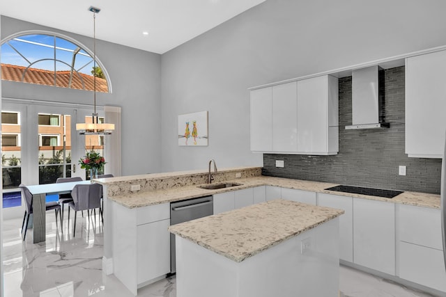 20677 NW 26th Ct, Boca Raton, FL 33434 - kitchen featuring wall chimney range hood, a sink, black electric cooktop, light marble finish floors, and decorative backsplash