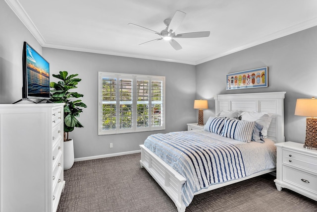20677 NW 26th Ct, Boca Raton, FL 33434 - bedroom with ornamental molding, baseboards, carpet, and a ceiling fan