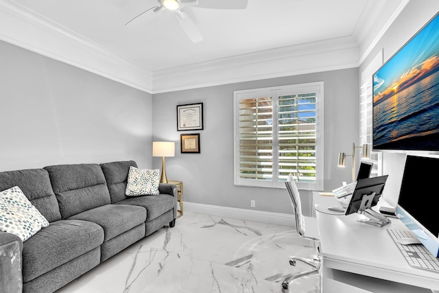 20677 NW 26th Ct, Boca Raton, FL 33434 - office featuring ceiling fan, ornamental molding, marble look tile flooring, and baseboards