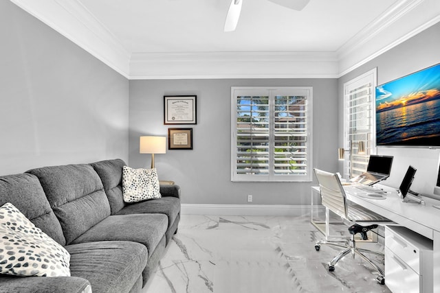 20677 NW 26th Ct, Boca Raton, FL 33434 - office area featuring marble finish floors, crown molding, baseboards, and a ceiling fan